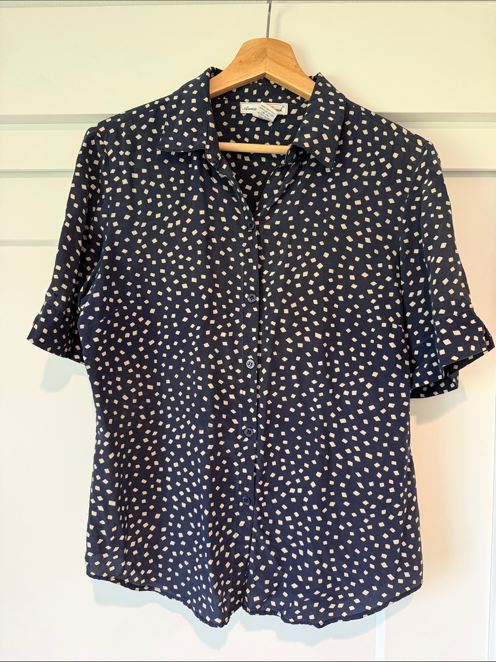 Vintage Anna And Frank Navy Button-Down Short Sleeve Silk Blouse